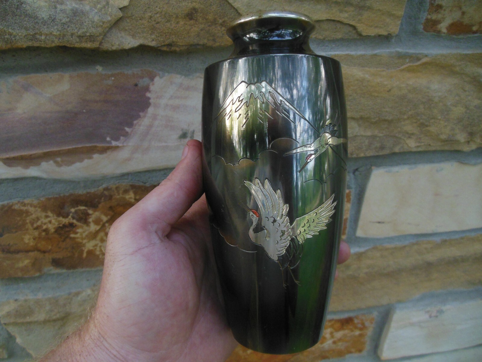 Vintage Japanese Metal Alloy Vase Mt Fuji & Storks Etched Decoration On Black 7”