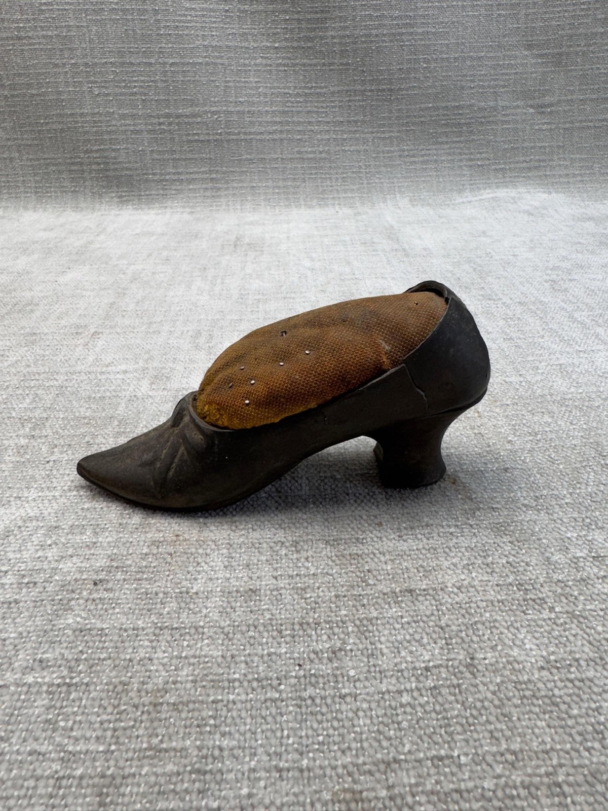 Vintage Cast Metal Shoe Pincushion Brown Fabric Victorian Sewing Display Decor