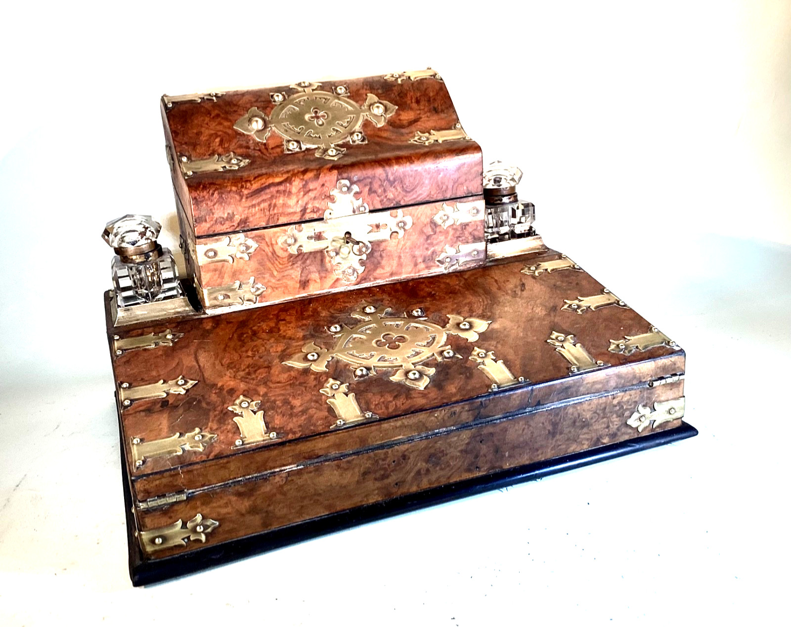 Antique Victorian Burr Walnut Brass Mounted Gothic Desk Stand. Portable Desk.