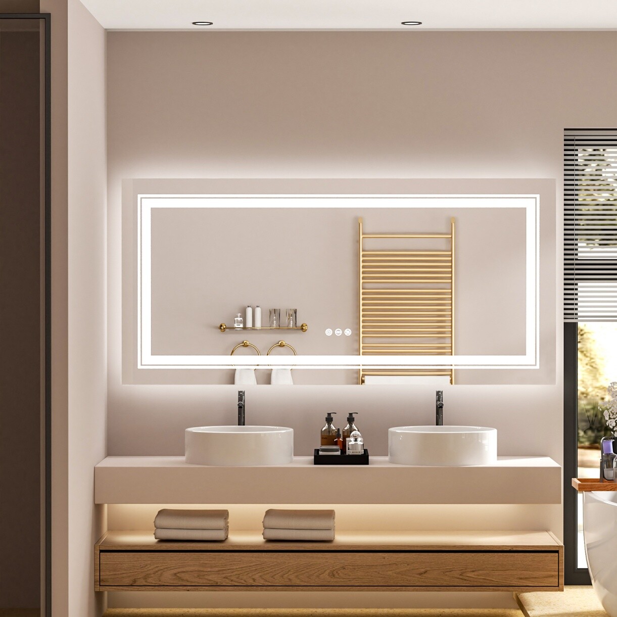 WISFOR Dimming Led Backlit Lighted Wall Mirror W/ Demister Pad, US Plug/Hardwire