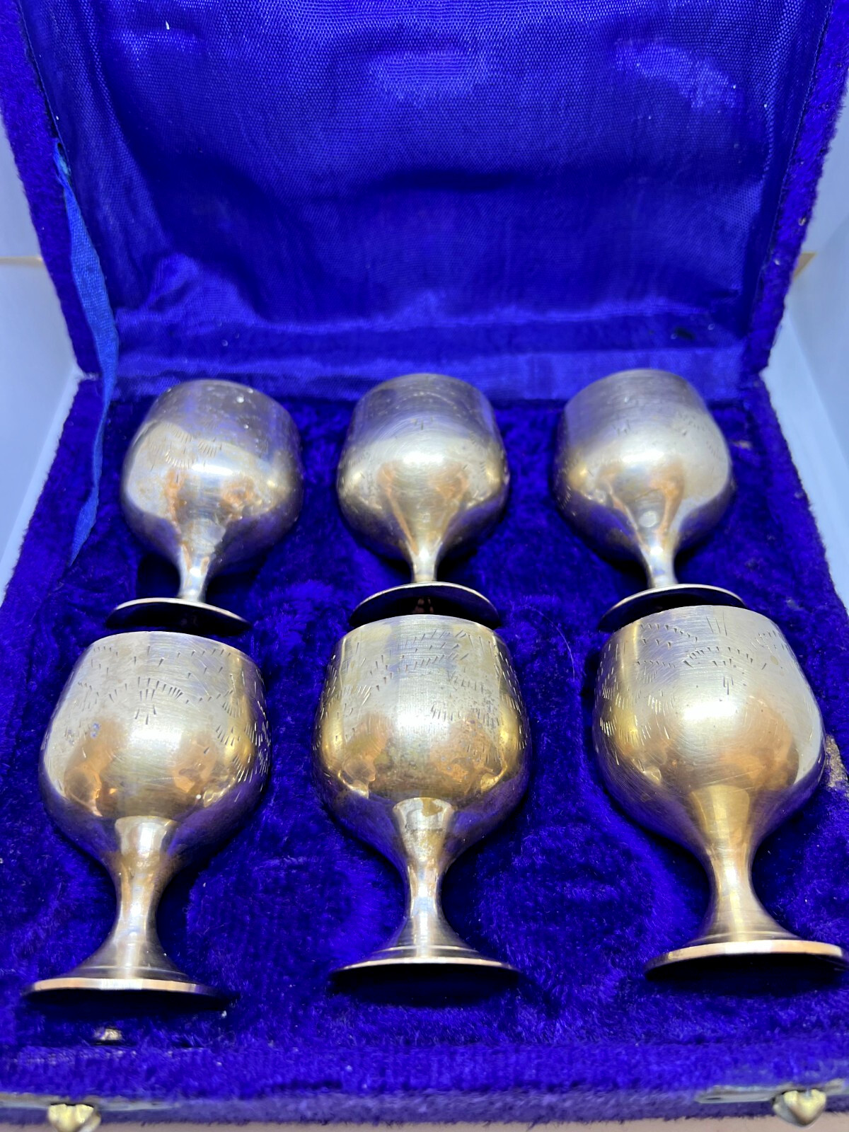 Vintage Set of 6 Silver Plated Goblets Engraved Wine Cups Velvet Presentation