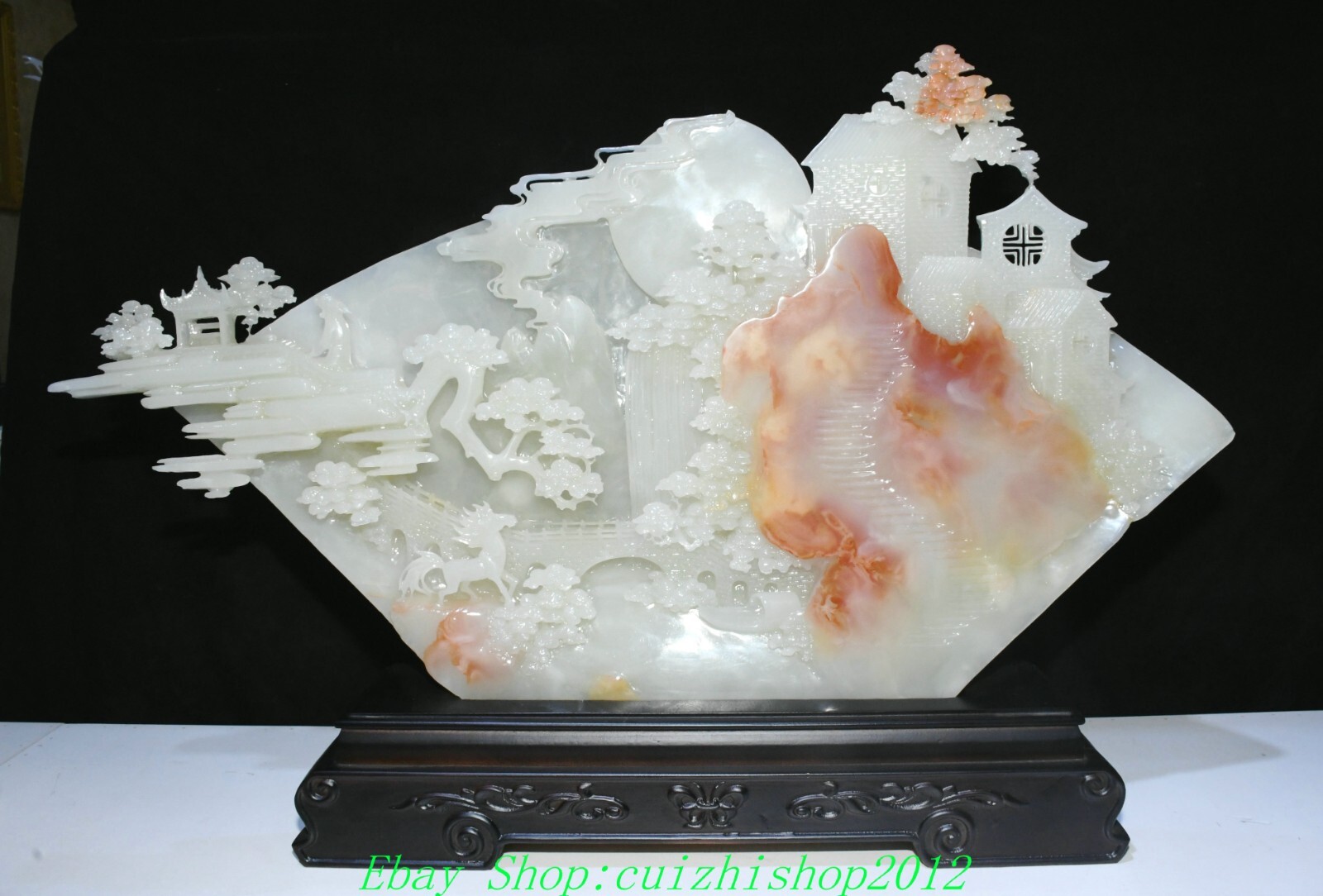 31.4” Chinese Natural Xiu Jade Tree Tower Bridge House Stairway Screen Screens
