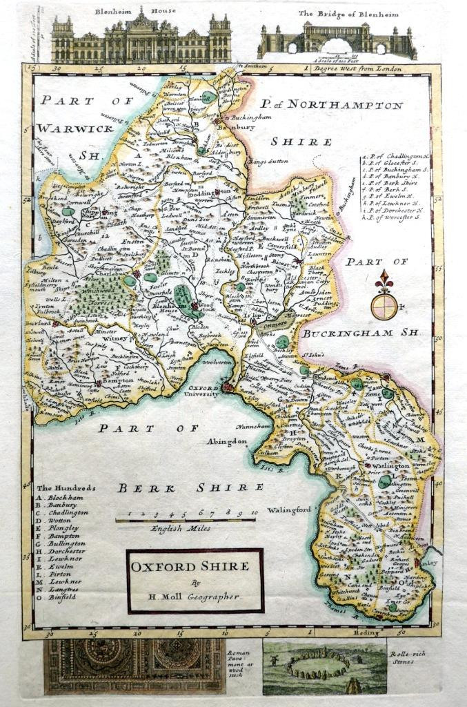OXFORDSHIRE BY HERMAN MOLL c1724 GENUINE ORIGINAL ANTIQUE COPPER ENGRAVED MAP