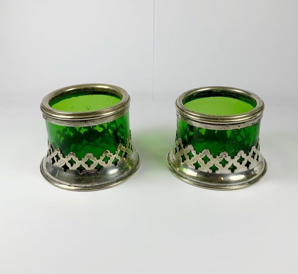 Victorian Silver Plated Openwork Salt Cellars c1850 Green Glass Gothic Revival