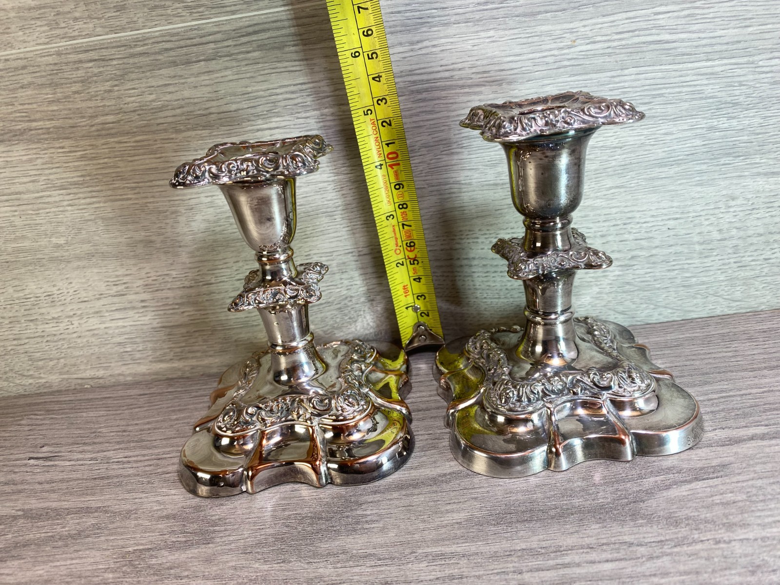 antique pair Silver Plate on copper Candlesticks stamped SL english c1900