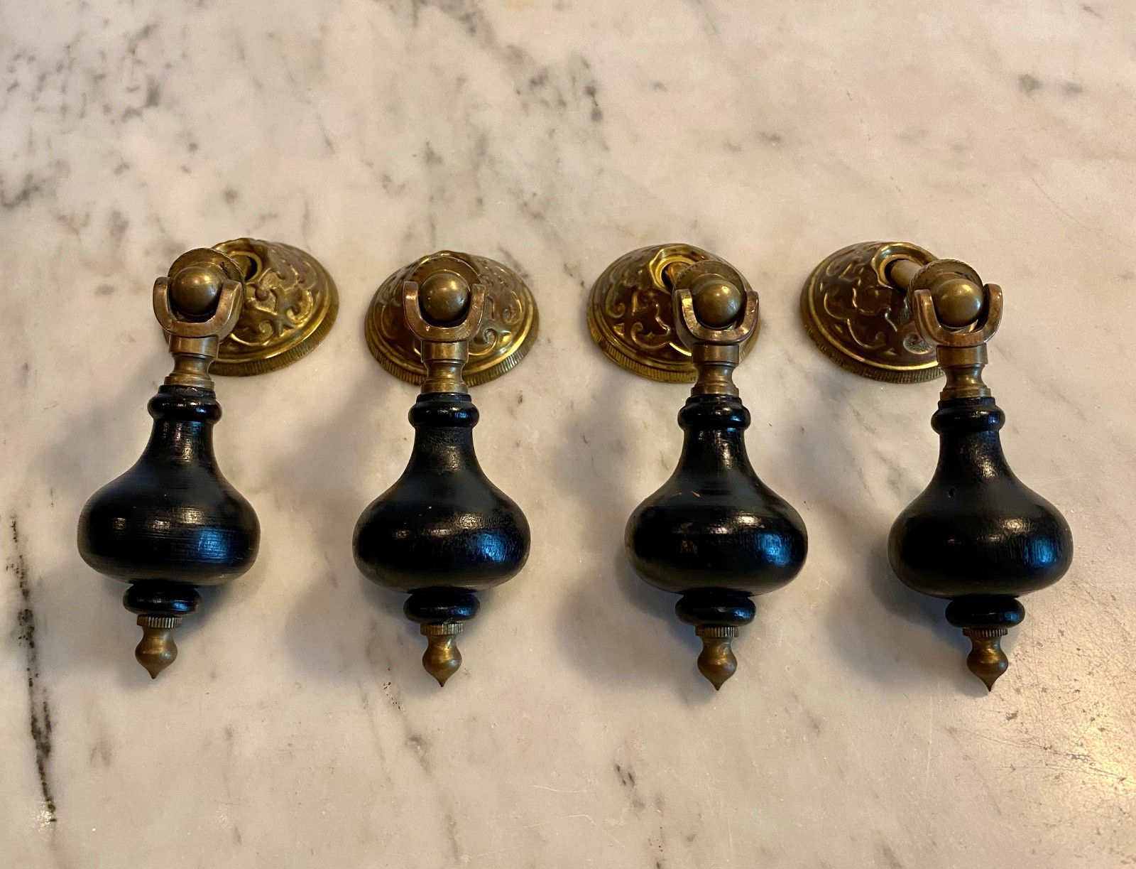 Antique TearDrop Pulls Wood Brass Victorian Eastlake Originals Set of 4 Matching