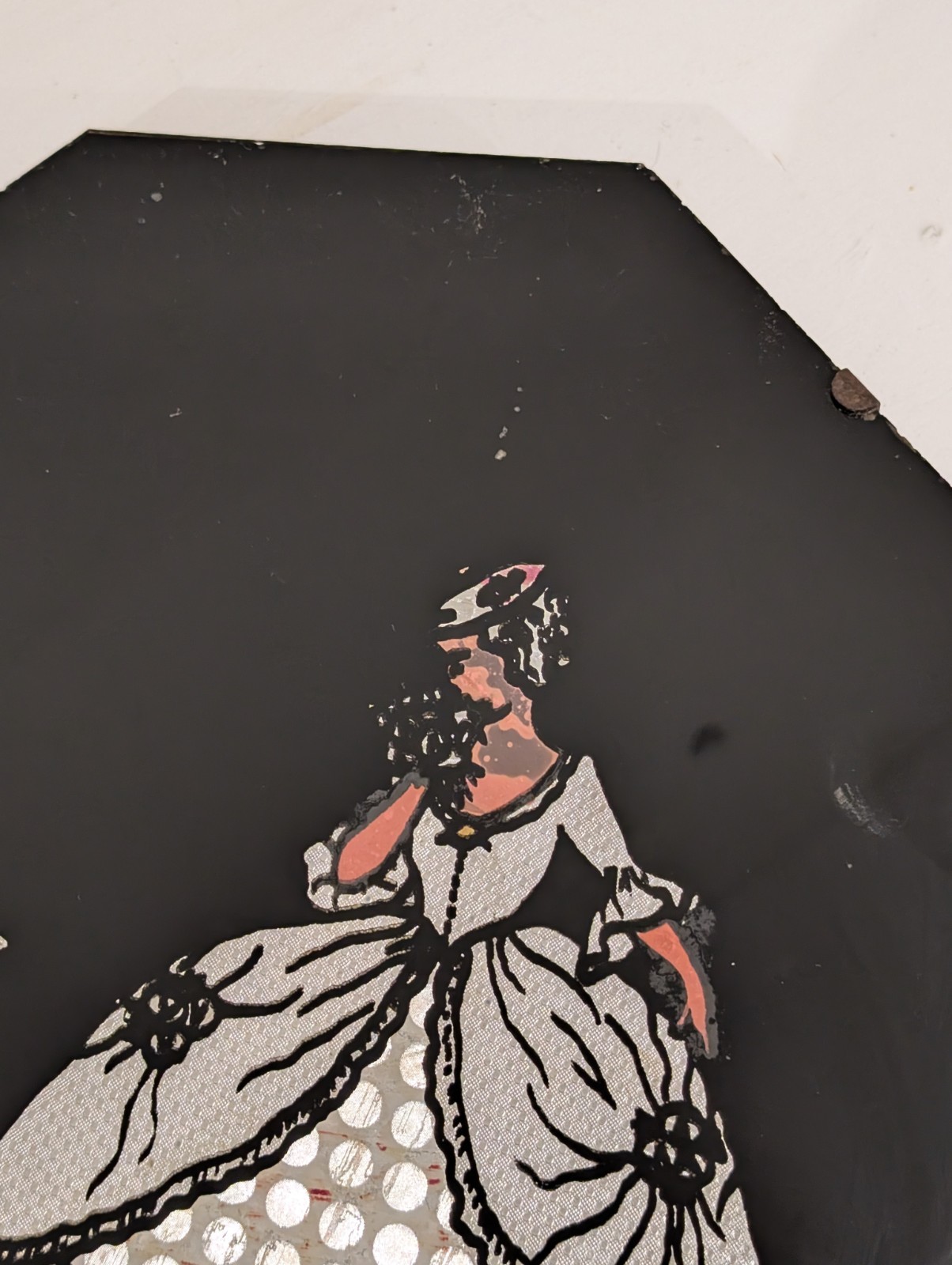 Antique Pair Art Deco Reverse Painted Glass Mirrors Crinoline Lady Silhouette