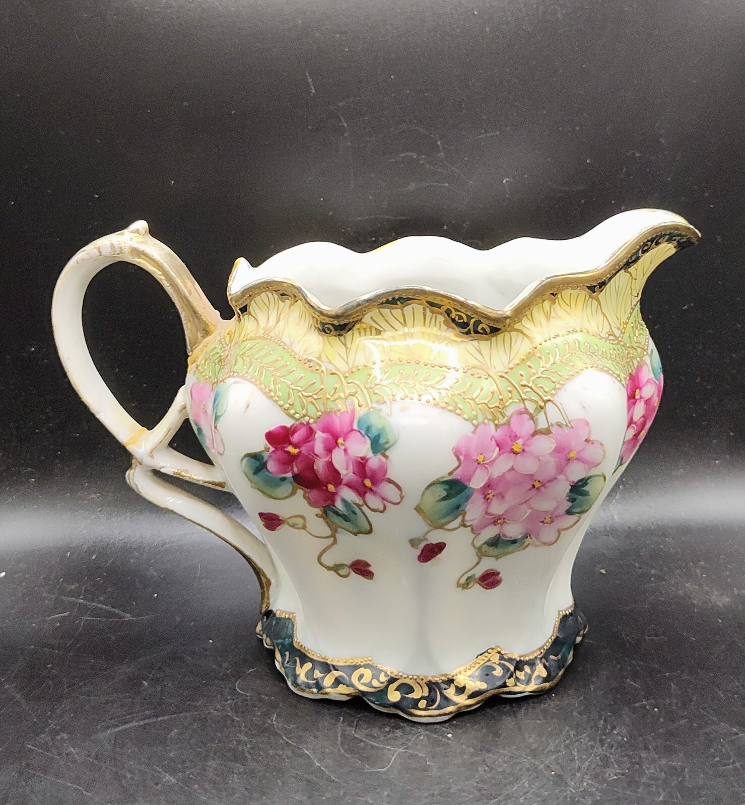 ANTIQUE NIPPON JAPAN GOLD BEADED ROSE CIDER PITCHER 48 OZ MAPLE LEAF MARK REPAIR