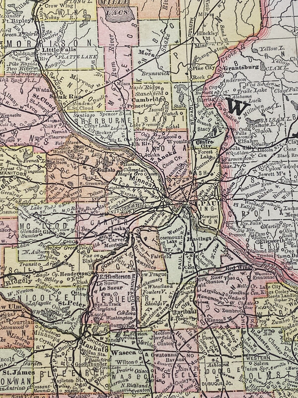 1890 Minnesota Map w/ Colored Counties, 14 1/8″ x 10 7/8″