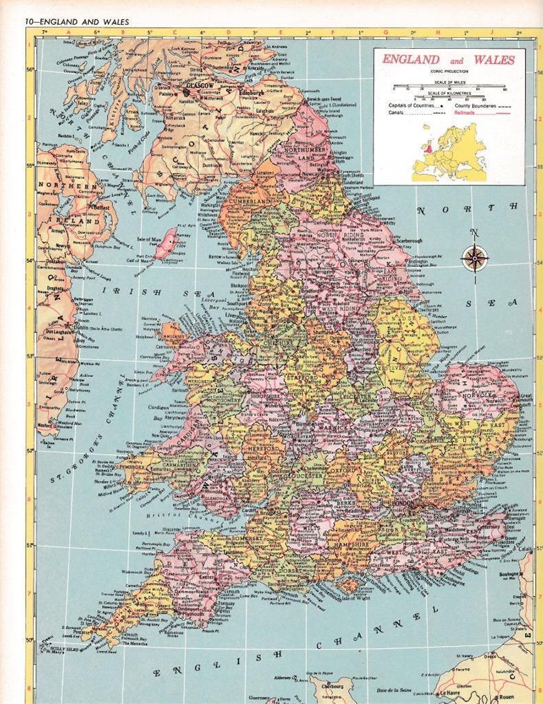 1953 Vintage England & Wales Map / 9×12 Great size for Wall Art/ 70+ years old