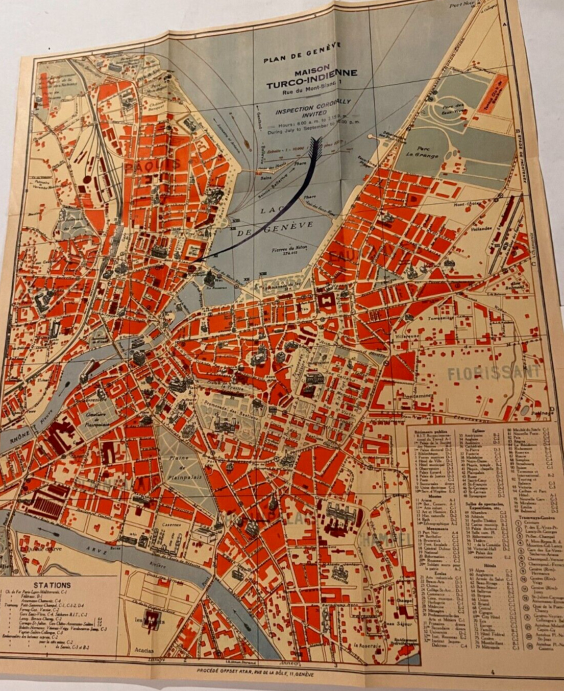Vintage Geneva Switzerland Map Cemetery of Kings Arve Rhone River 12″ by 15″