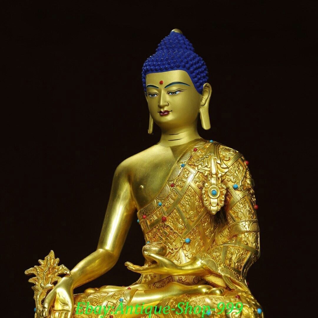 13″ Old Tibet Copper Painting Gilt Gems Menla Medicine Buddha Medical God Statue