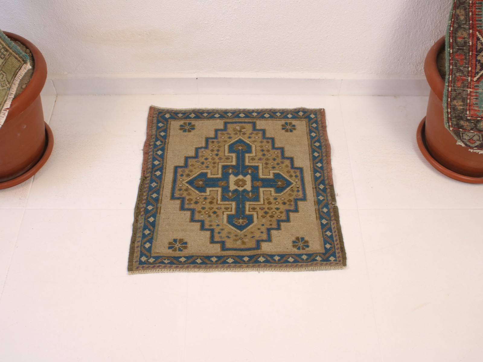2×2 Turkish Handmade Door Mat Beige Blue Small Wool Rug Square Tribal 1.7×1.8 ft