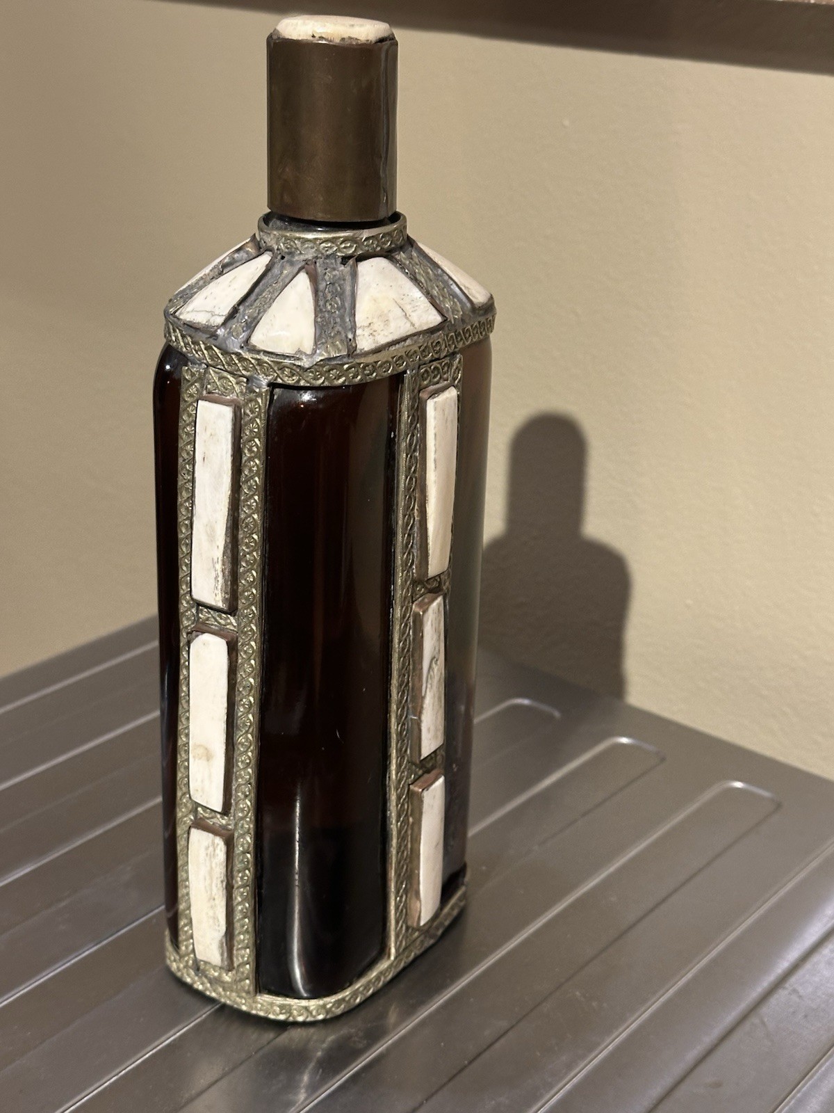 Rare Amber Glass Moroccan Berber Flask Camel Bone & Pewter Inlay w/Screw on Top