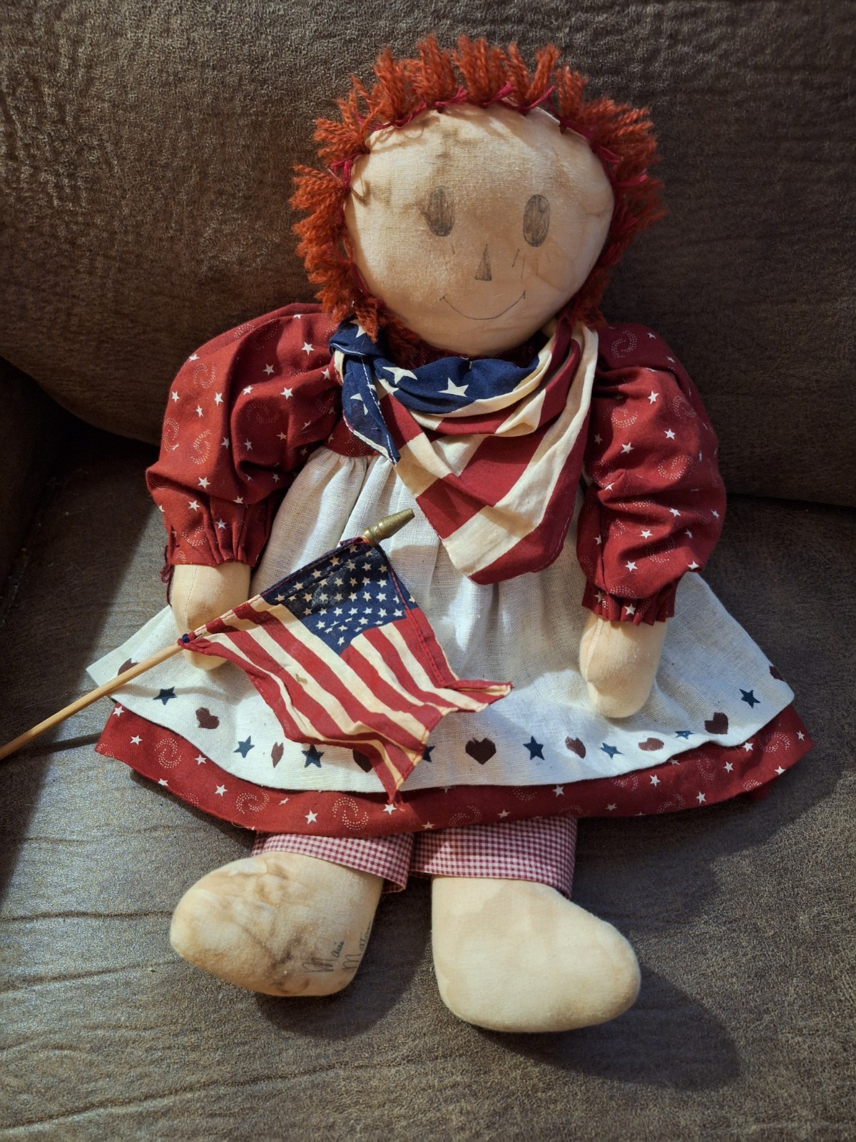 Handmade & Signed 1988 Primitive Patriotic Rustic Raggedy Ann 18″ July 4th Red