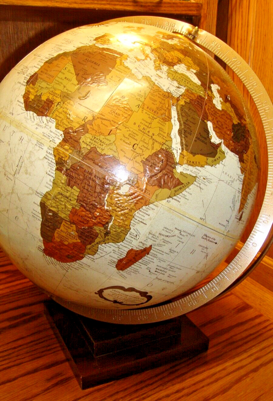 Vtg World Classic Globe on Wooden 2-Tier Base~H=16” D=12″ Educational Decor Box
