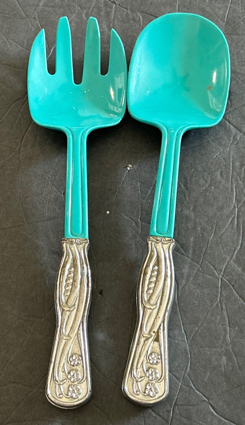 Vintage Mid Century Modern Salad Servers Sterlite Teal/Silver Plastic Utensils