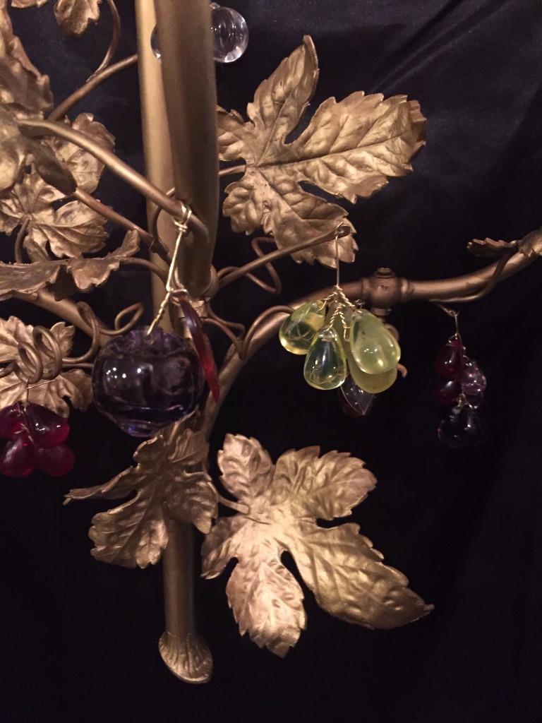FRENCH ANTIQUE SOLID BRASS GRAPE LEAVE SCONCE WITH MULTI COLOR FRUIT CRYSTALS