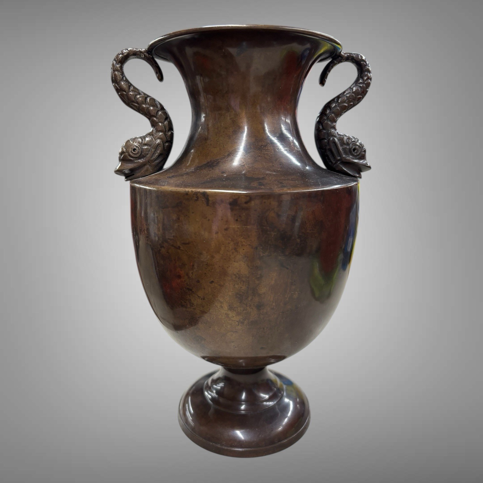 Antique Indian Brown Copper Vase with Fish Handles with Label