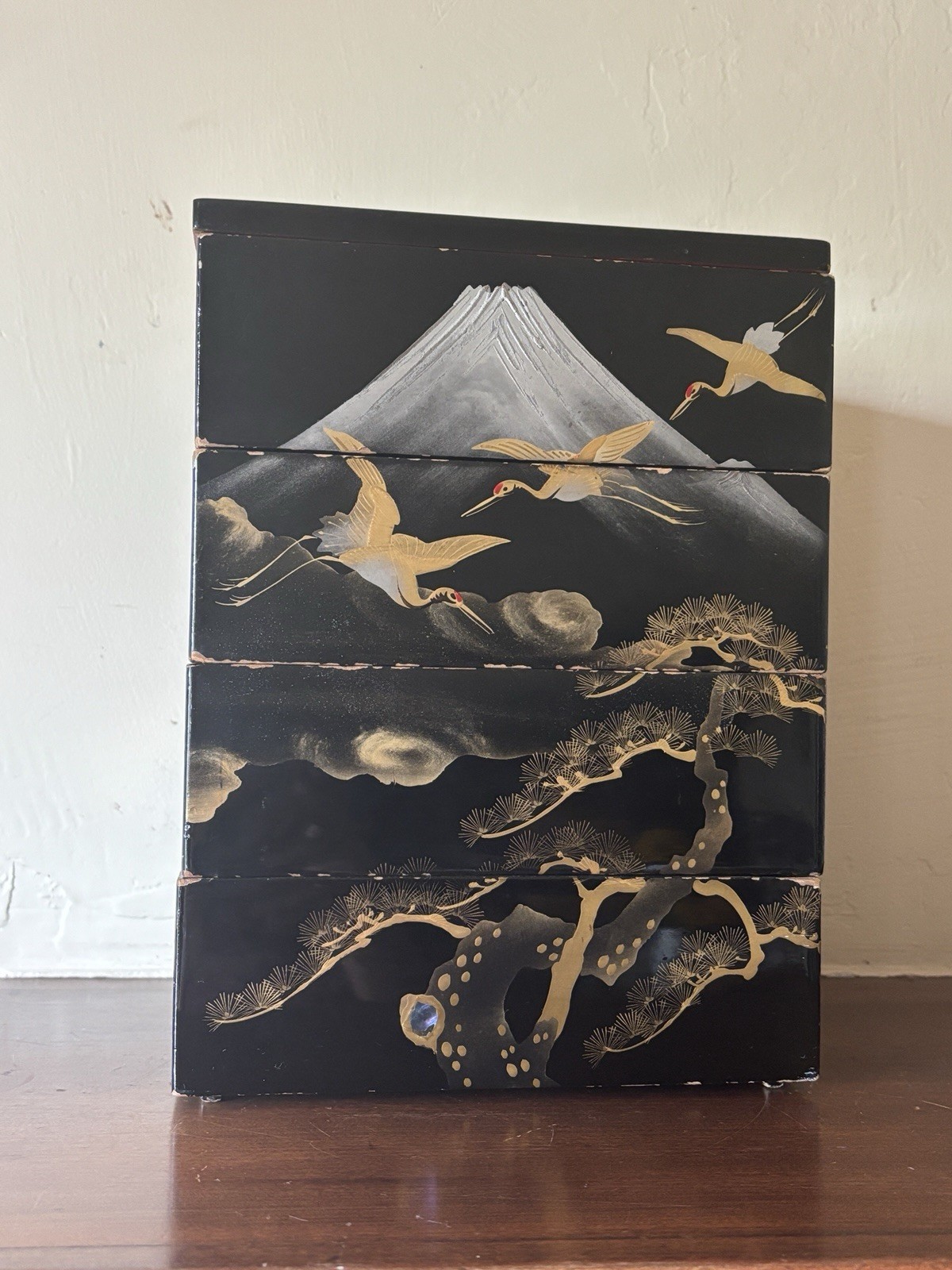 Gold Lacquer Makie Four-Tiered Box Jubako Mountain, Tree and Cranes
