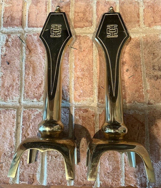 Pair Sunset Brass Fireplace Andirons Chenets Mid Century Modern H 17″