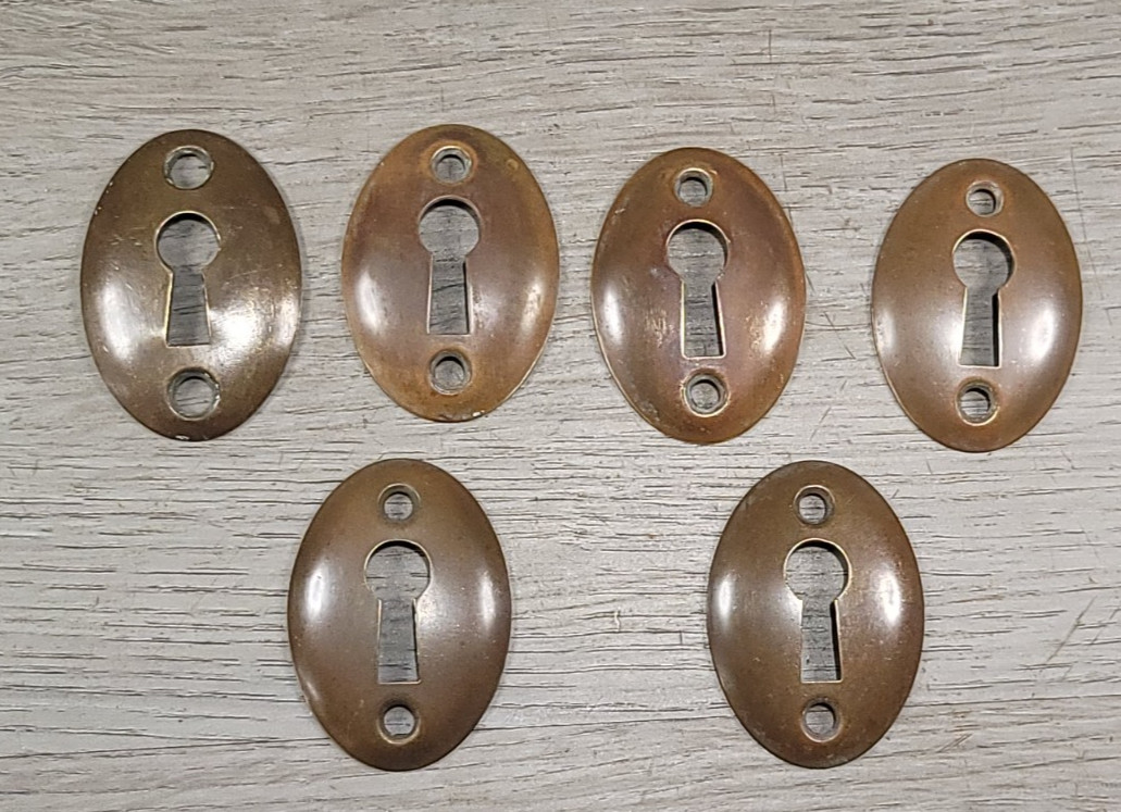6 VTG Skeleton Key Hole Cover Escutcheons Oval Original Dark Patina Solid Brass