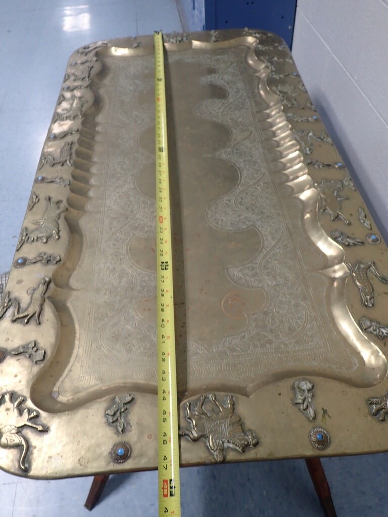 MCM Ornate Brass Tray Table w/ Spider Leg Base 47×23 Raised Animals Border Boho