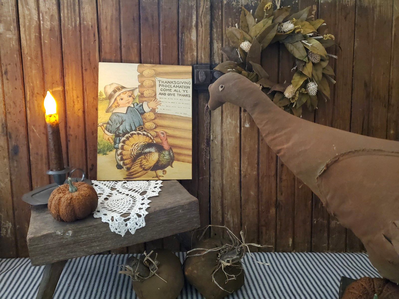 ADORABLE RETRO PRIMITIVE VINTAGE STYLE FALL THANKSGIVING BOY PILGRIM TURKEY SIGN