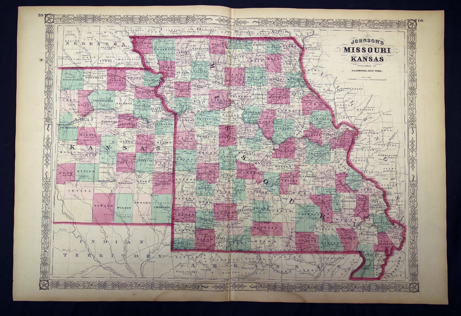 1865 Missouri and Kansas Color Map Johnson’s Steel Engraving