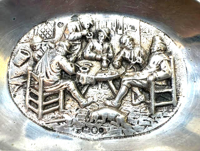 Antique Dutch Solid Silver.835 Ashtray Embossed Tavern Scene 75.4g. D&G