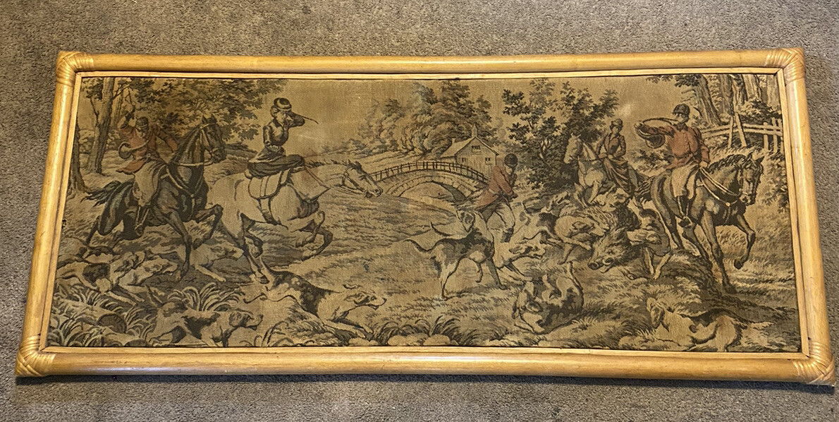 ANTIQUE FRAMED FRENCH HORSEBACK BOAR HUNTING TAPESTRY 49 X 20.5”