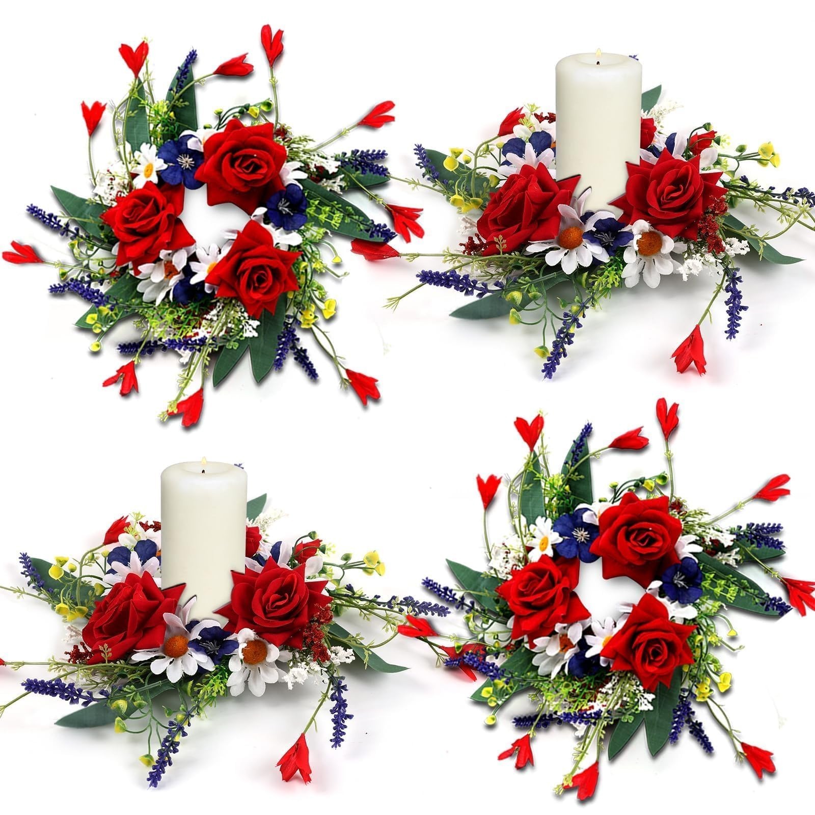 4 Pcs Veterans Day Red White and Blue Candle Rings 3 Inch Patriotic Pillars C…