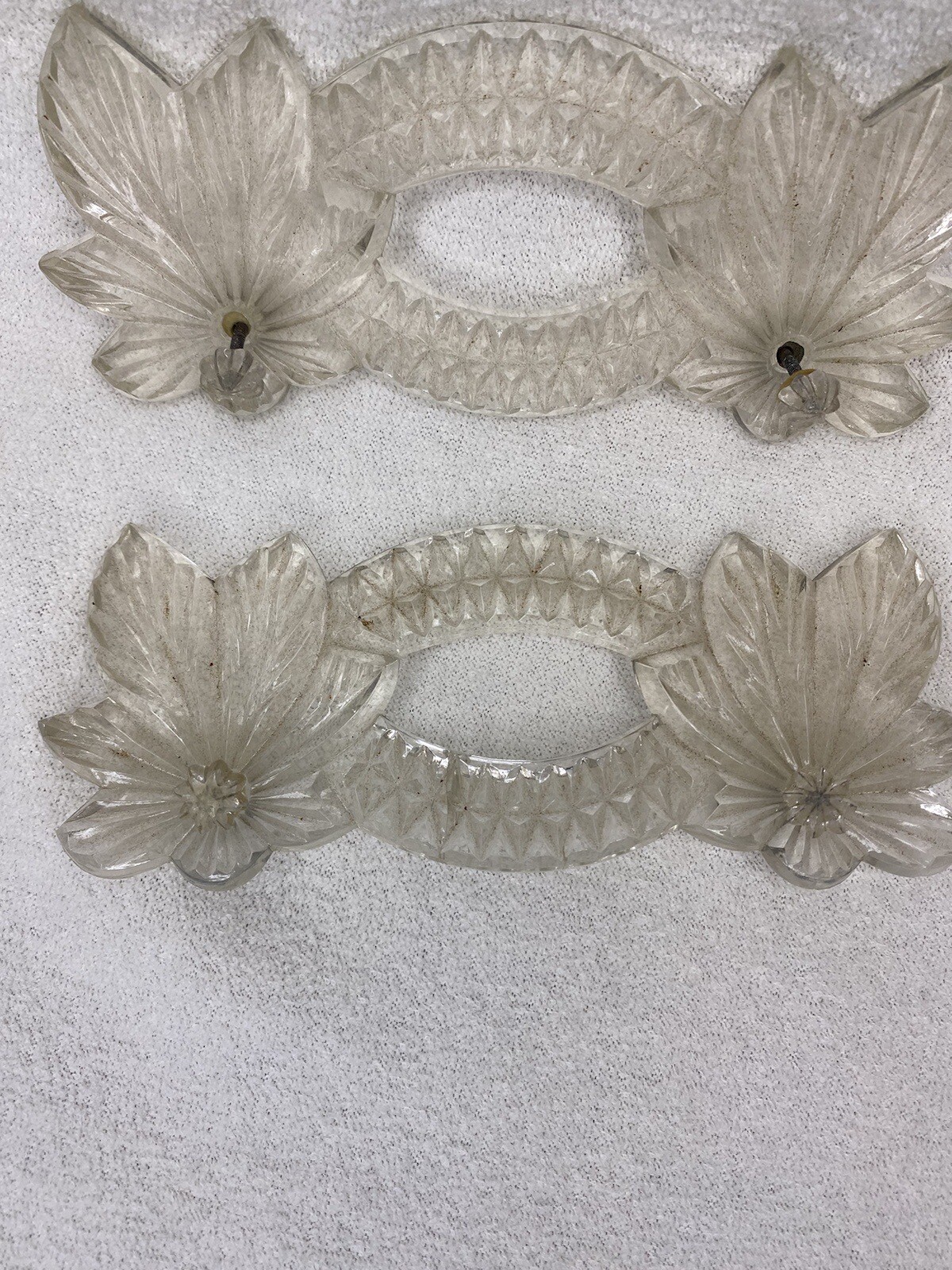 VINTAGE ART DECO Pressed GLASS Drawer Pulls VANITY TRAY HANDLES W KNOB SCREWS
