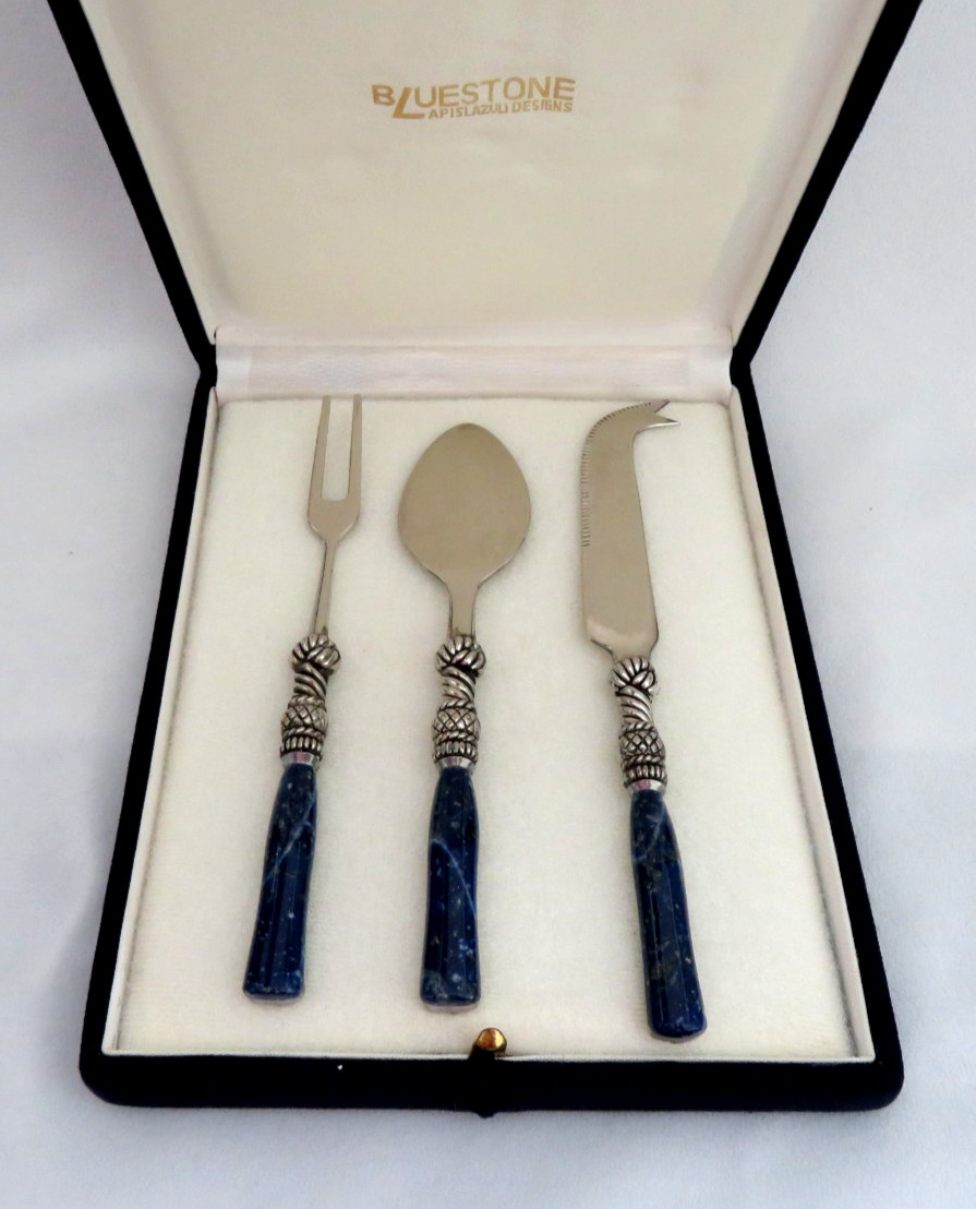 SILEA Silver & Blue Lapis Lazuli Servers Utensils Cheese Knife, Spreader & Fork