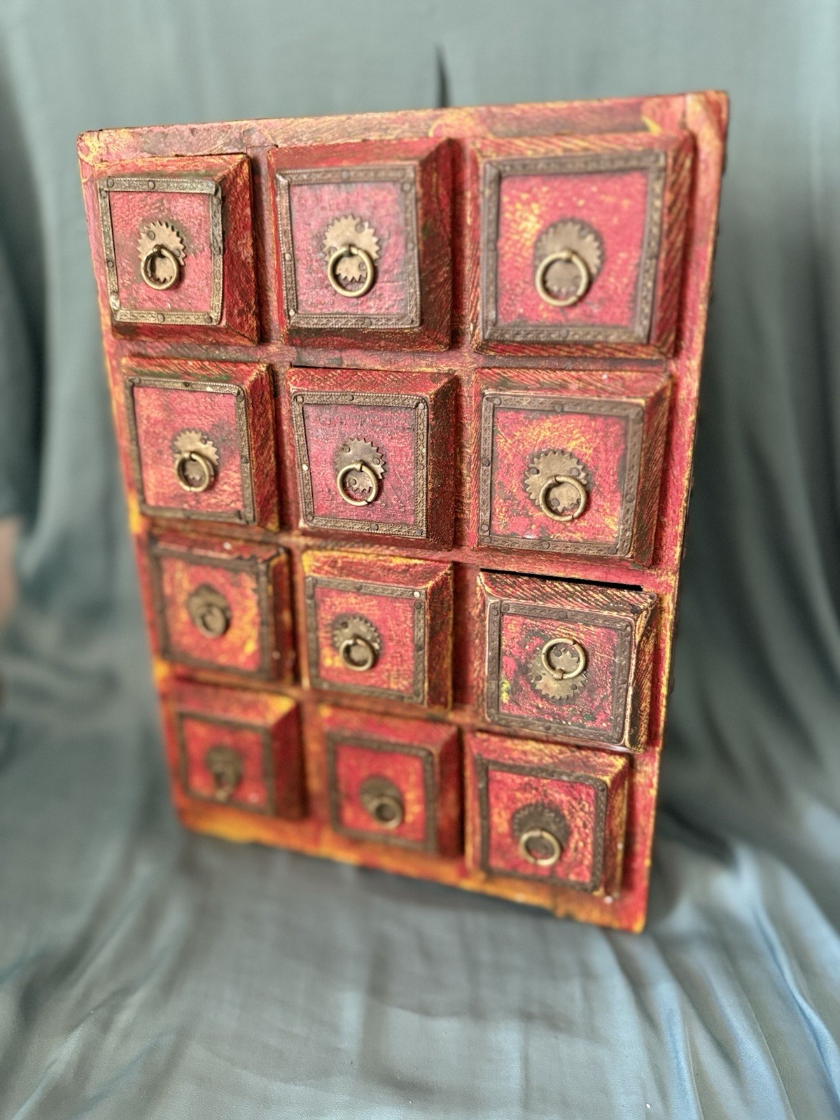 12-Drawer Apothecary Cabinet Red Painted Wood w/ Ring Pulls Antique Style 10x5x8
