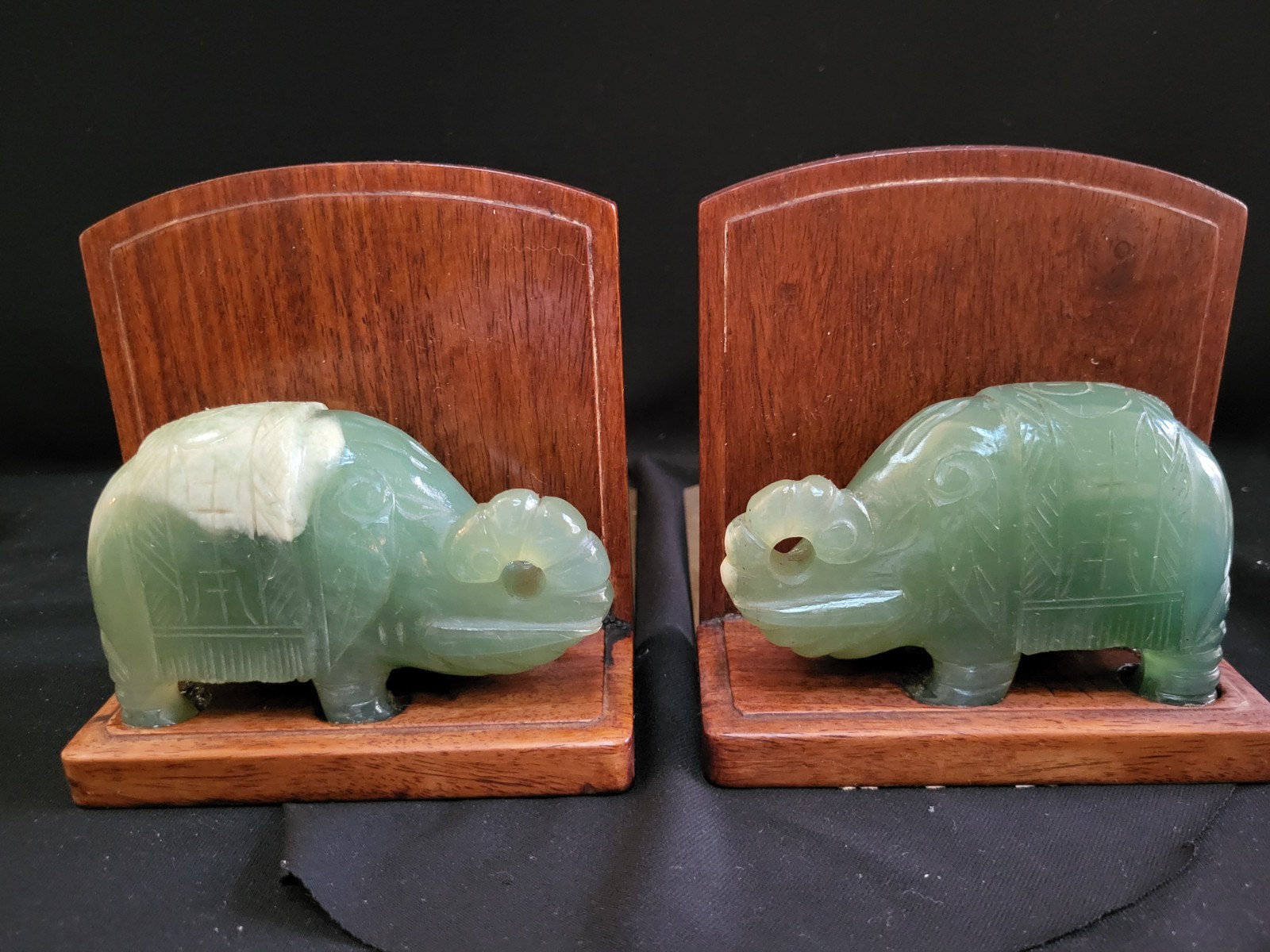 Pair of Vintage 1950s Jade, Wood, And Etched Brass Bookends. RARE
