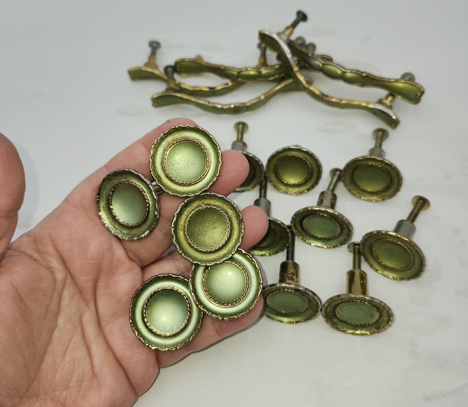 Lot Vintage Brass Ajax 977 Drawer Pulls Cabinet Knobs Pearly Green Gold brass