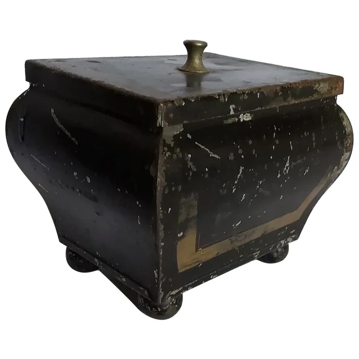 Antique 19th Primitive Folk Art Toleware Tea Caddy Tin Box