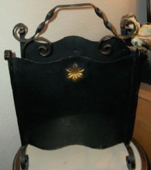 1920s Iron Metal Tole Magazine Rack Holder Two Slots Black Gold Twisted Handle