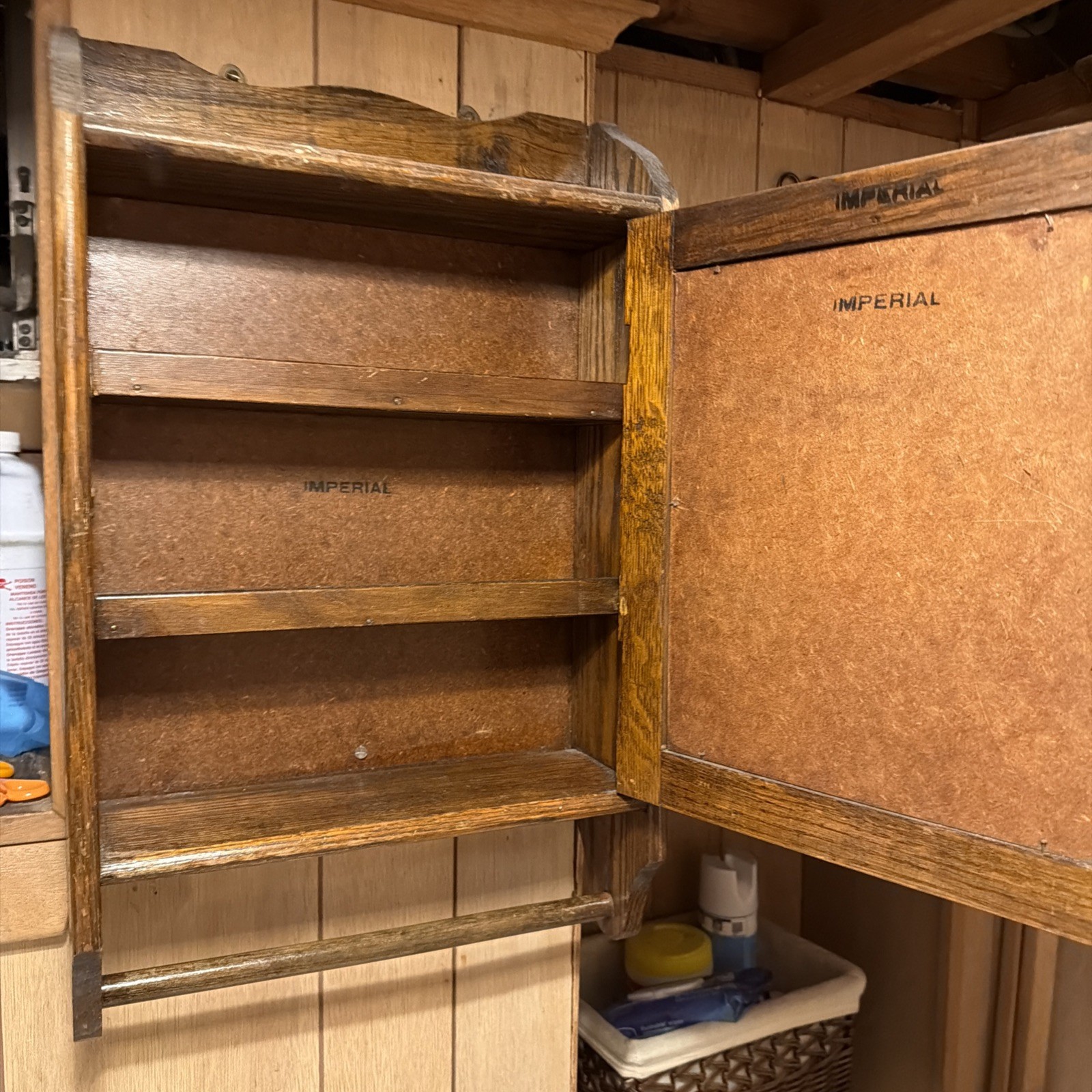 Antique Oak Bathroom Medicine Cabinet with Mirror and Towel Bar 1930s