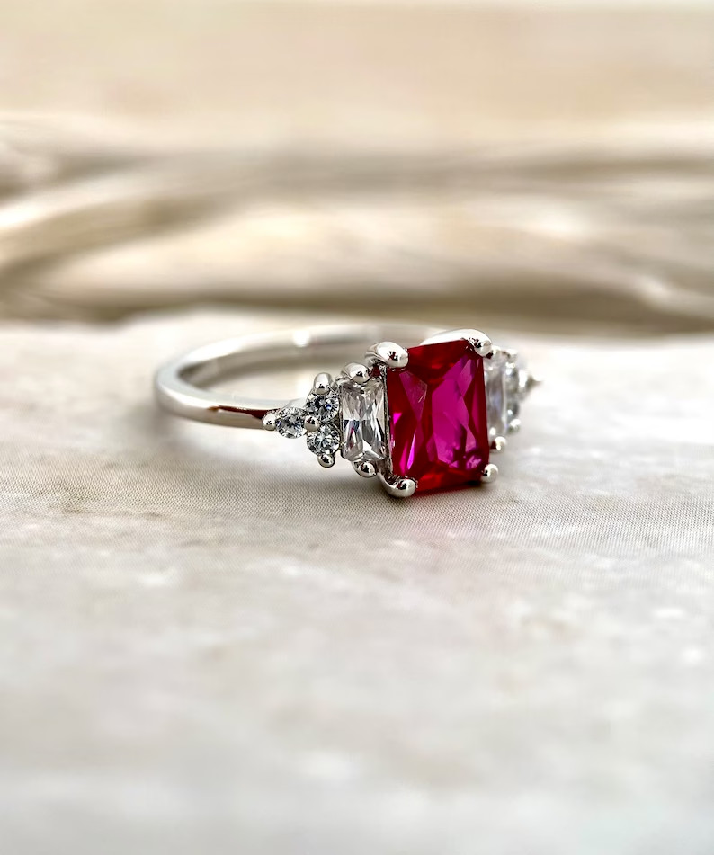 3.00 Ct Emerald Cut Natural Ruby And Diamond Ring 14K White Gold Size 7