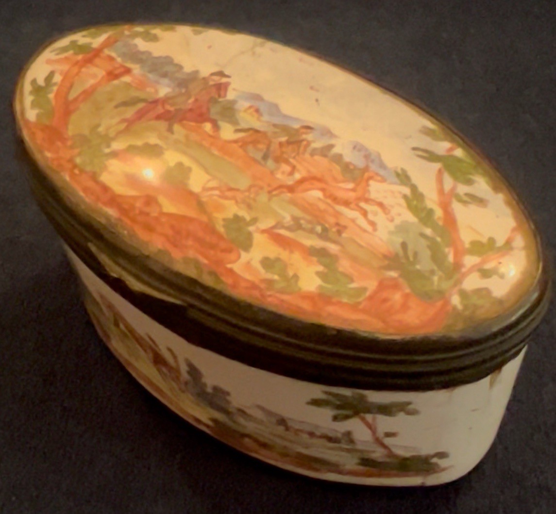 Antique Battersea/Bilston Box Depicting a Hunting Scene c.1770