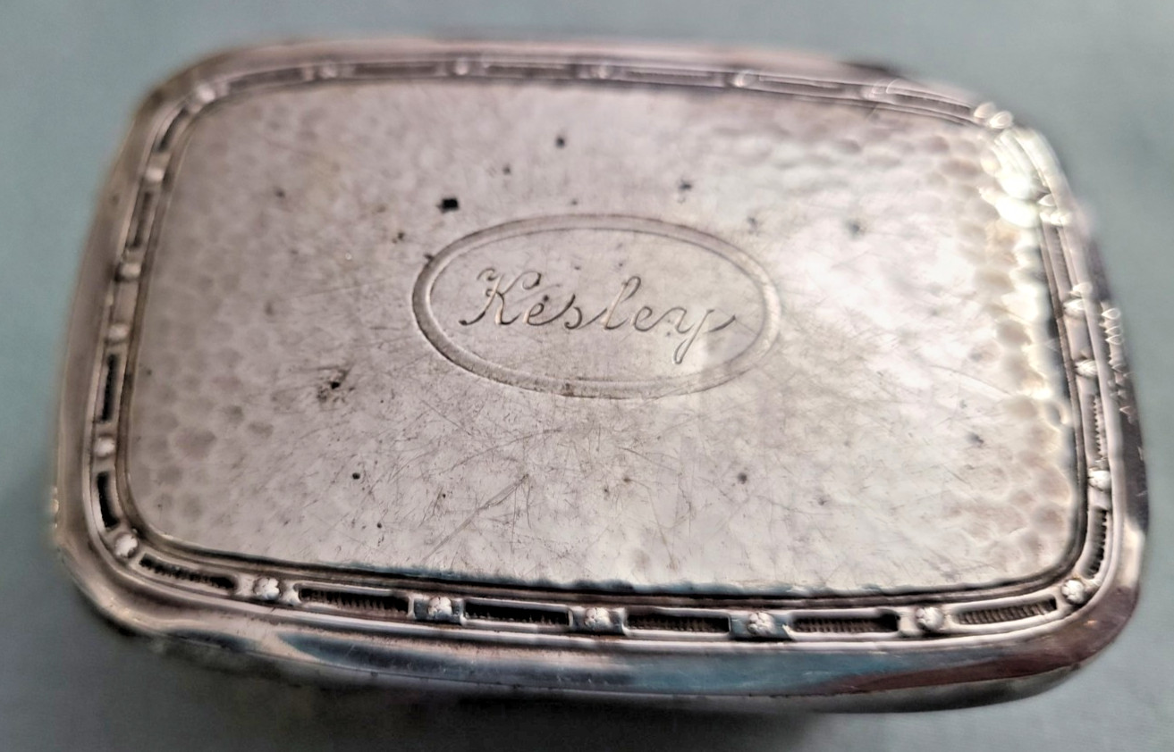 Antique hammered sterling small rectangular clothes or shoe brush, “Kesley”