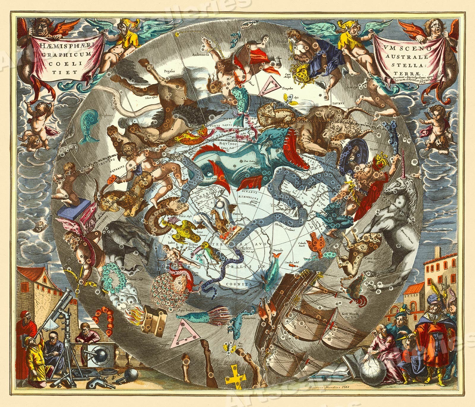 1661 Celestial Map of the Constellations Historic Vintage Style Map – 16×20