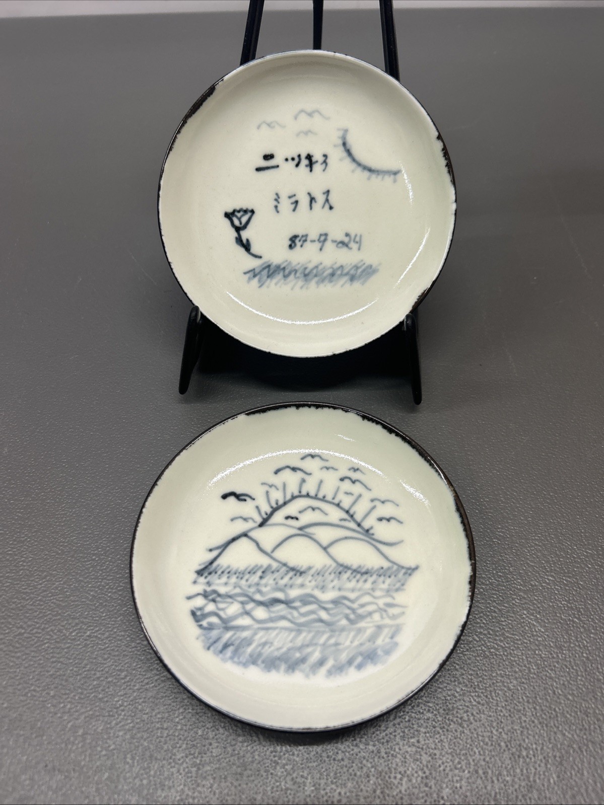 2x Vintage Japanese Blue and White Porcelain Plates 5 1/4” 1986/87 Signed
