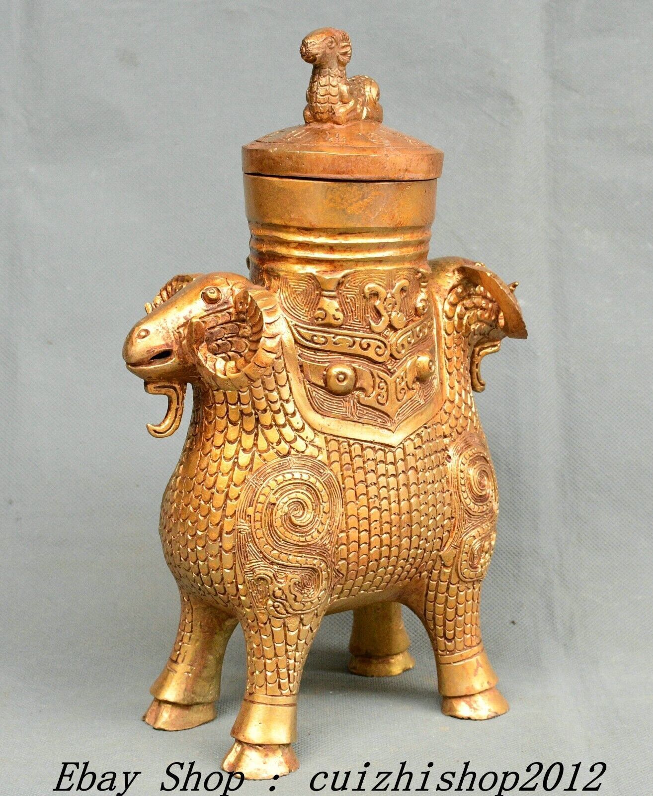 10″ Old Chinese Dynasty Bronze Ware Gold Sheep Goat Beast Head Zun Bottle Vase