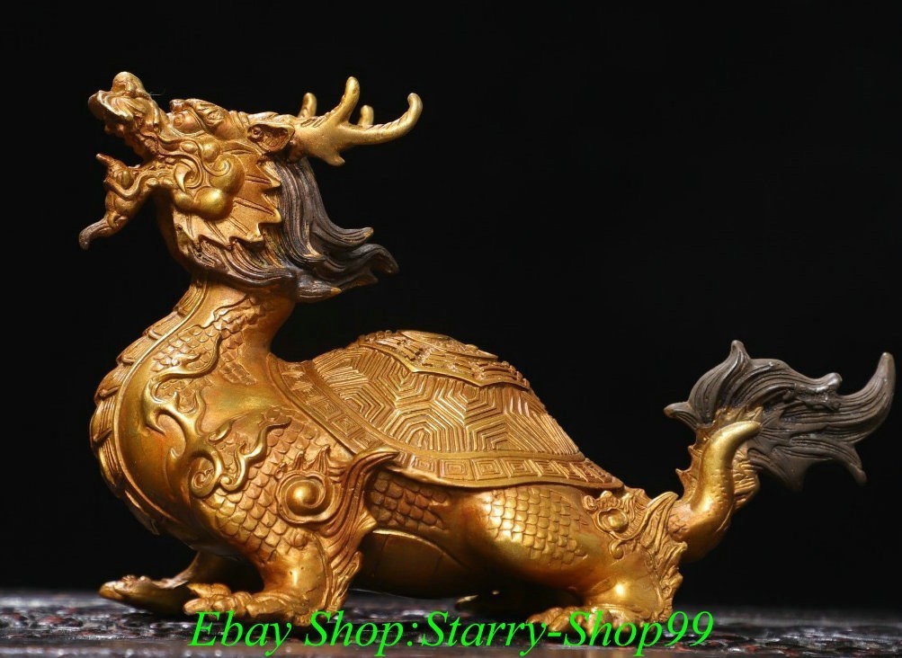 8.2″ China Dynasty Copper Gilt Fengshui Dragon Loong Turtle Beast Animal Statue