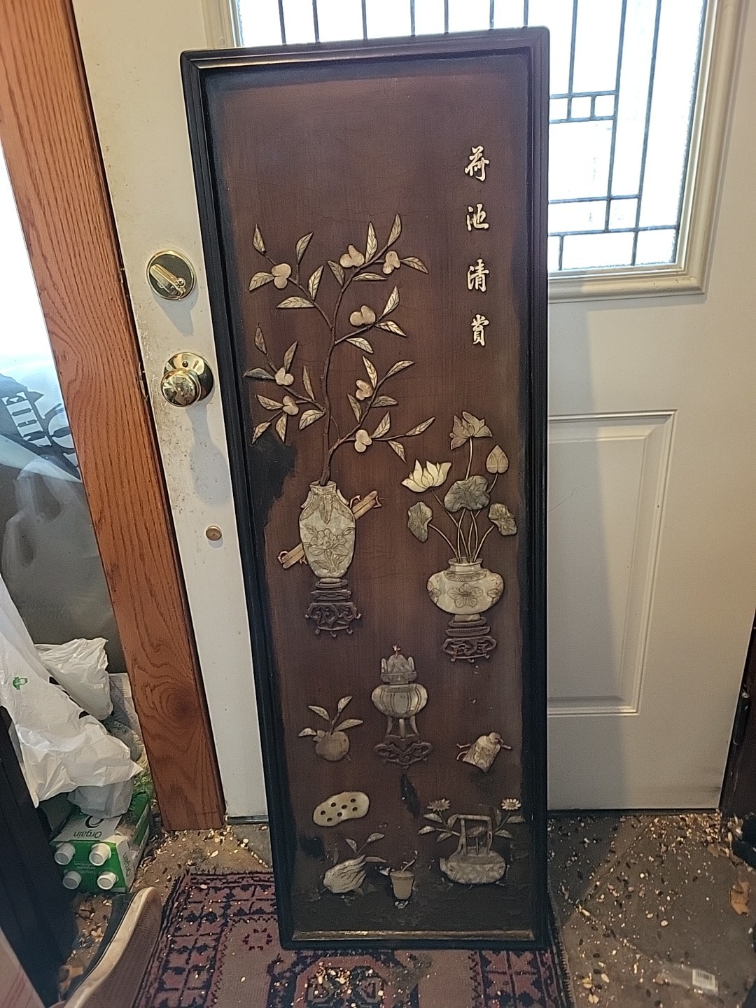 ANTIQUE LATE 19TH C. CHINESE JADE HARDSTONE WOOL PLAQUE OR PANEL 16X49X1
