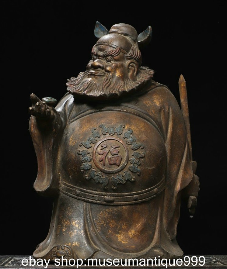 15.2″ Old Chinese Bronze Gilt Zhong Kui Buddha Stand Statue Sculpture