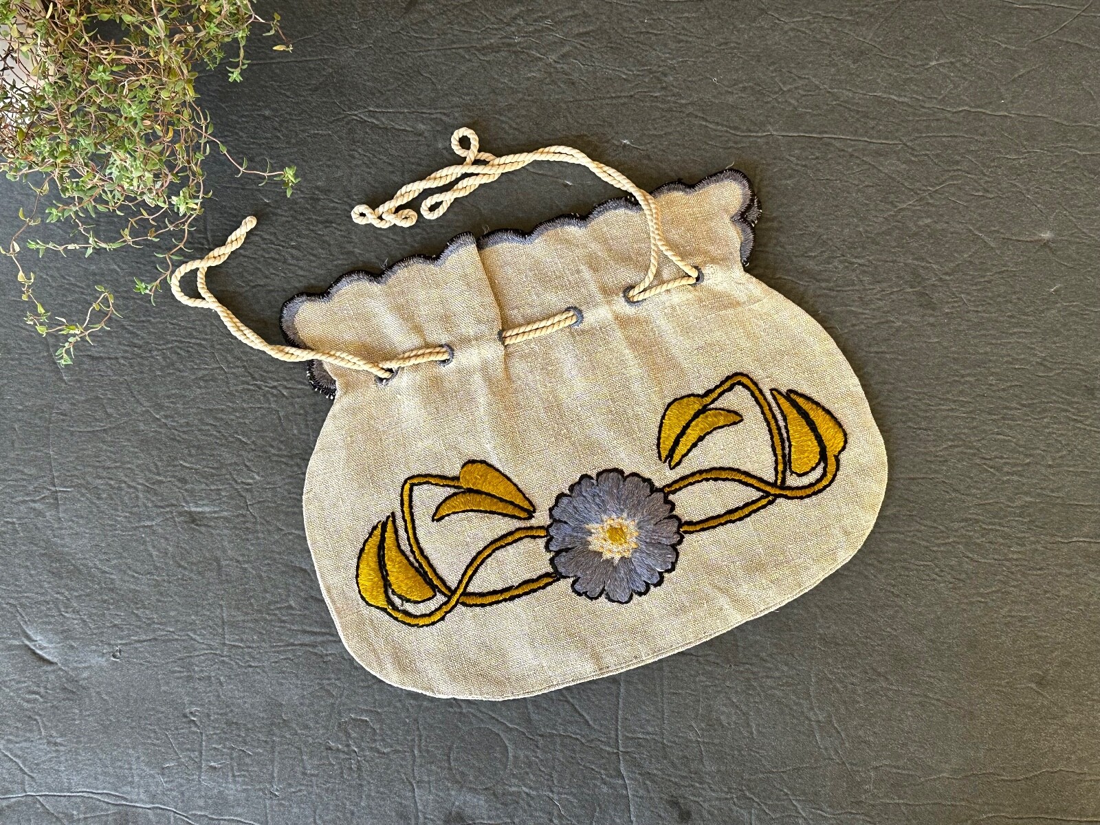 Antique Embroidered Bag Arts and Crafts Movement Embroidery Linen Handbag